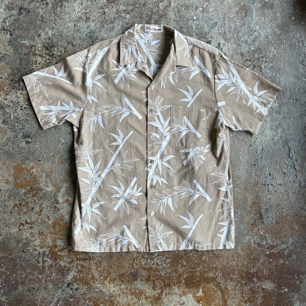 Mr. California True Vintage Beige Aloha Hawaiian Button Shirt Loop Collar Large